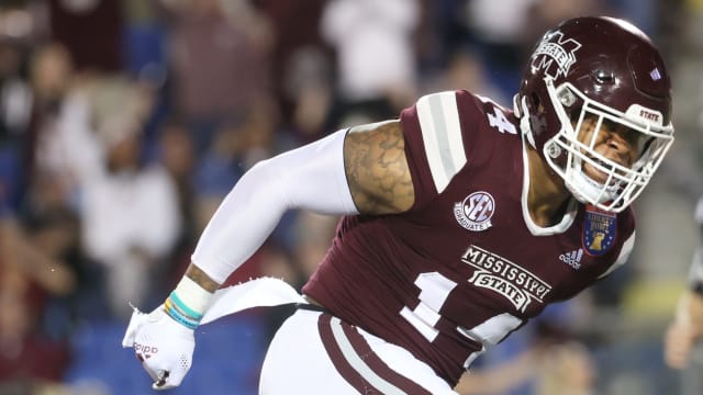Mississippi State Bulldogs linebacker Nathaniel Watson celebrates a defensive stop against the Texas Tech Red Raiders at the AutoZone Liberty Bowl at Liberty Bowl Memorial Stadium on Tuesday, Dec. 28, 2021. Jrca6058